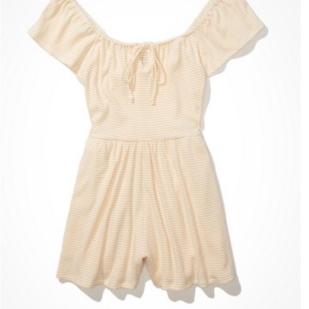 AE American Eagle Striped Flutter Sleeve Romper With Pockets